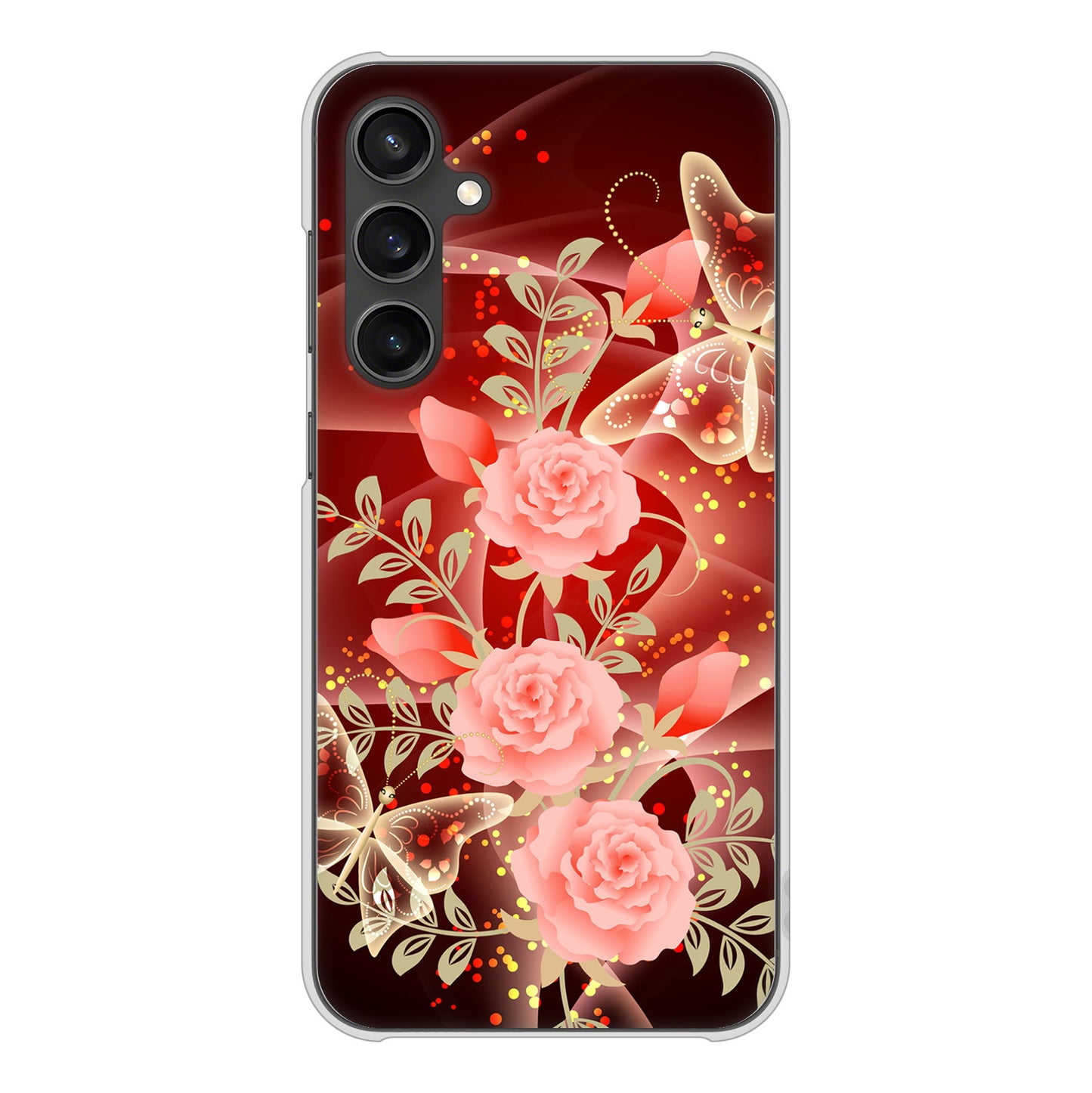 Galaxy S23 FE SCG24 au 高画質仕上げ 背面印刷 ハードケース 【VA824 魅惑の蝶とピンクのバラ】