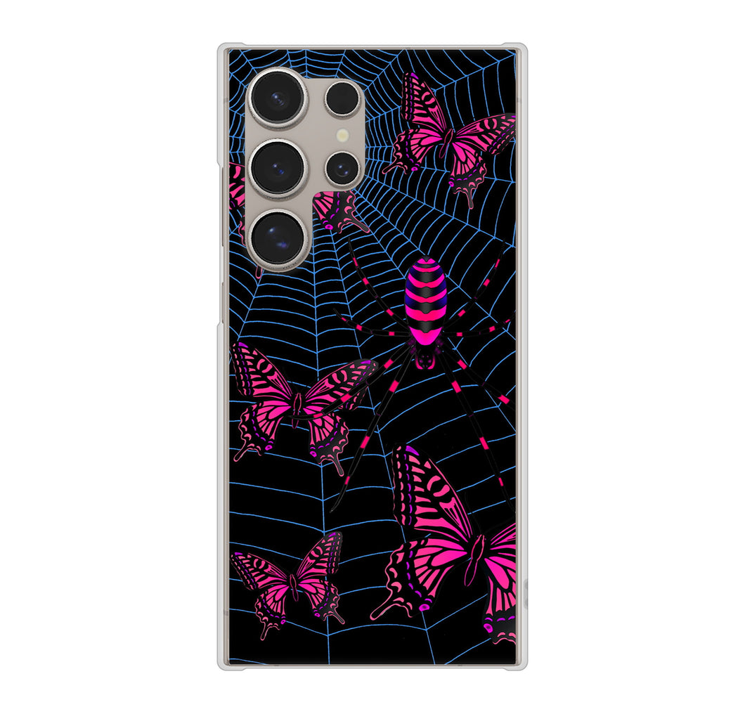 Galaxy S24 Ultra SCG26 au 高画質仕上げ 背面印刷 ハードケースむかいあぐる 蜘蛛の巣に舞う蝶