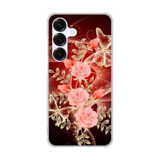 Galaxy S25 SCG31 au 高画質仕上げ 背面印刷 ハードケース 【VA824 魅惑の蝶とピンクのバラ】
