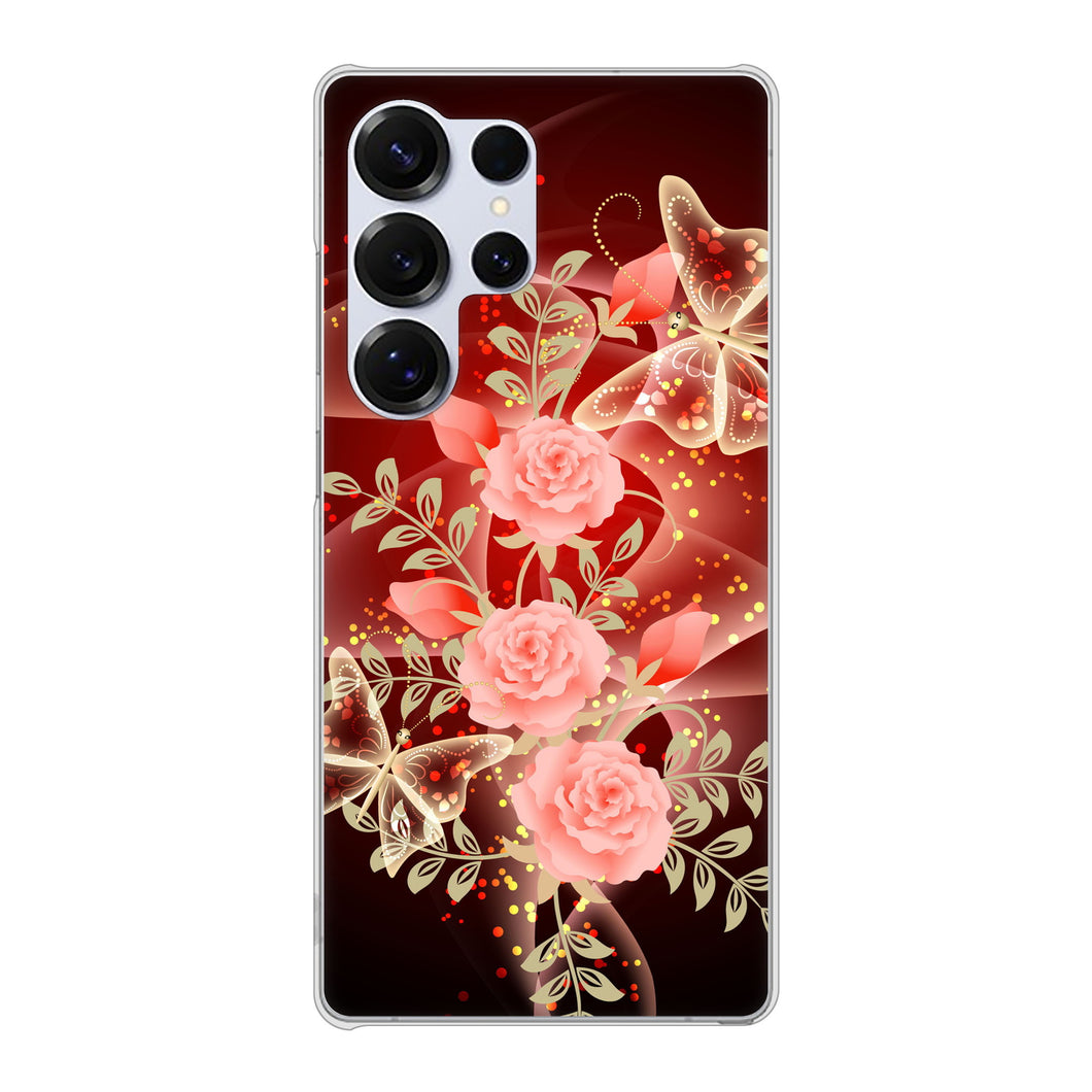 Galaxy S25 Ultra SCG32 au 高画質仕上げ 背面印刷 ハードケース 【VA824 魅惑の蝶とピンクのバラ】