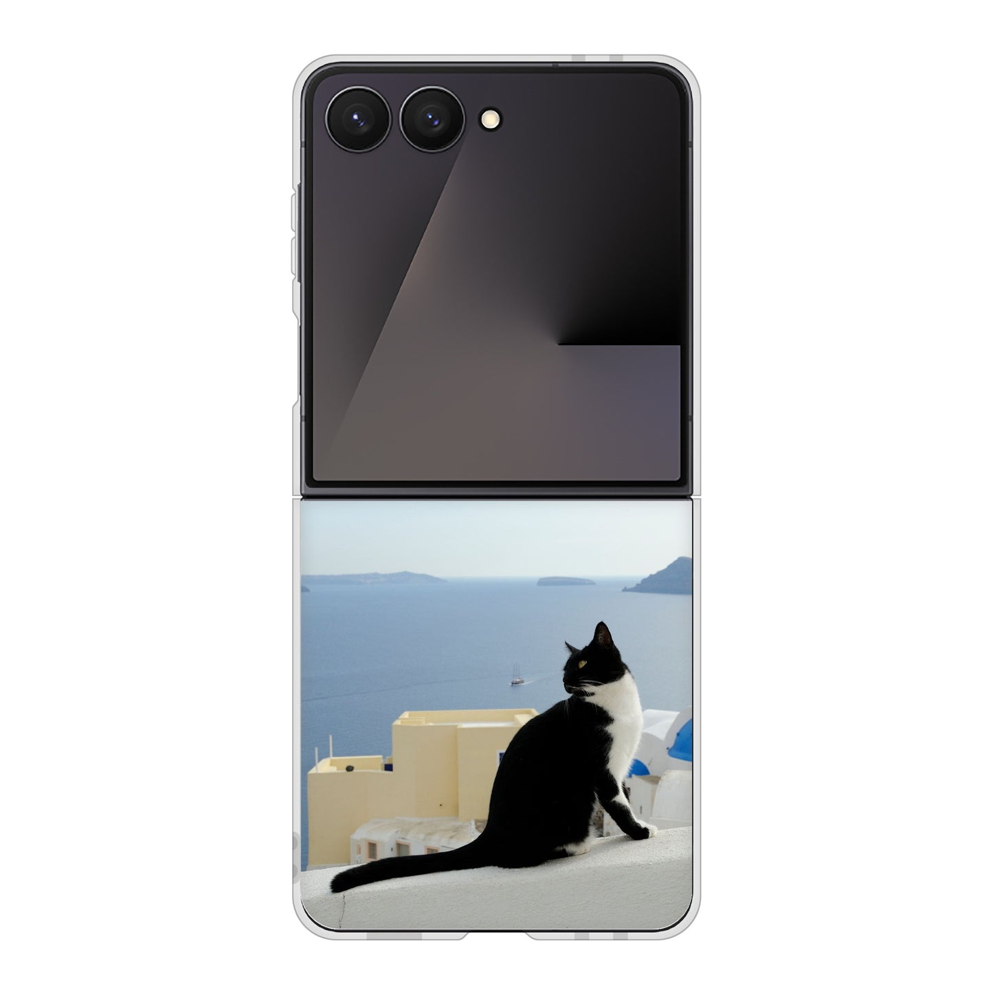 Galaxy Z Flip7 SCG35 au 高画質仕上げ 背面印刷 ハードケース 【VA805 ネコと地中海】