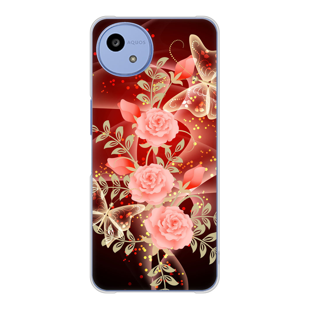 AQUOS wish5 SH-52F docomo 高画質仕上げ 背面印刷 ハードケース 【VA824 魅惑の蝶とピンクのバラ】