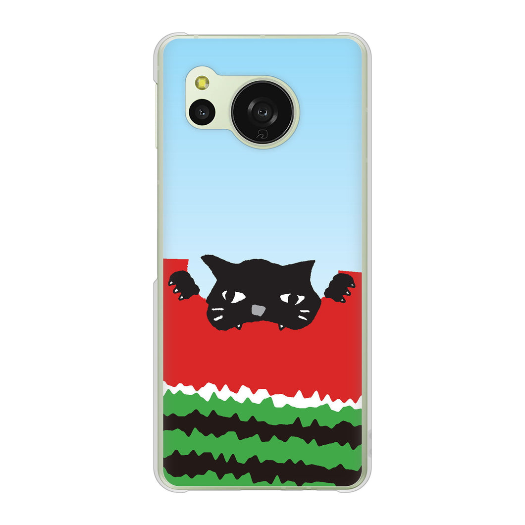 AQUOS sense8 SH-M26 高画質仕上げ 背面印刷 ハードケースすいかをかじるネコ