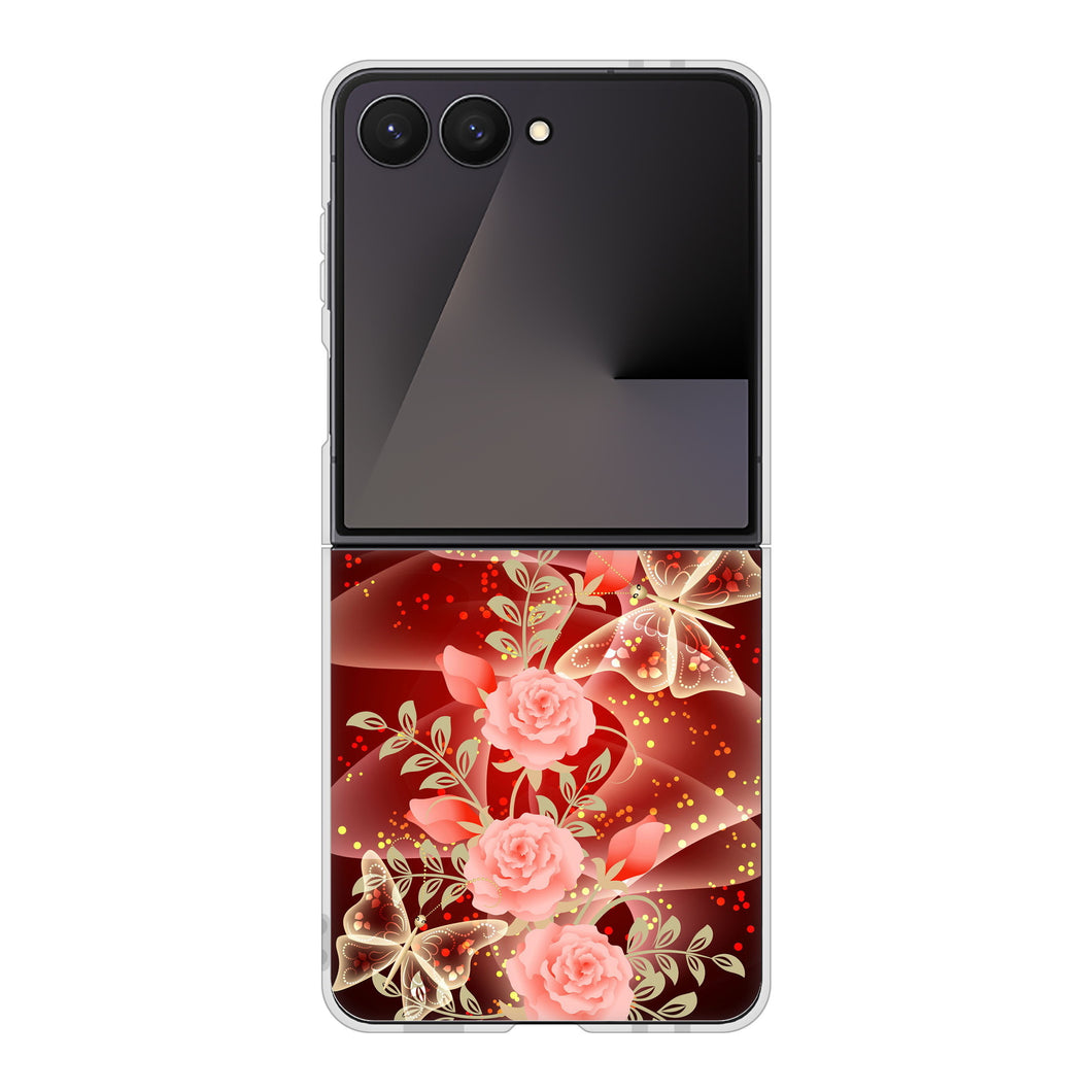 Galaxy Z Flip7 SM-F766Z SoftBank 高画質仕上げ 背面印刷 ハードケース 【VA824 魅惑の蝶とピンクのバラ】