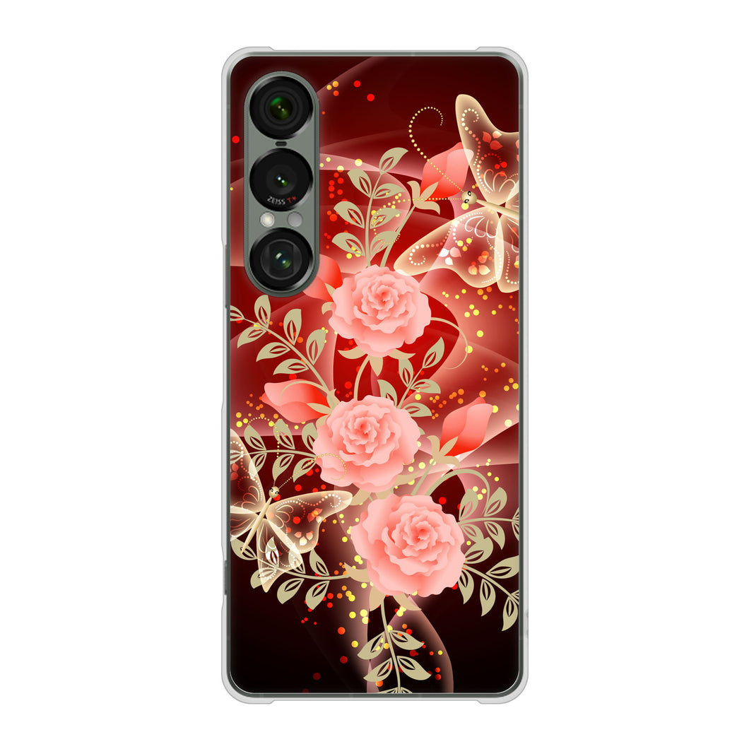 Xperia 1 VII SO-51F docomo 高画質仕上げ 背面印刷 ハードケース 【VA824 魅惑の蝶とピンクのバラ】