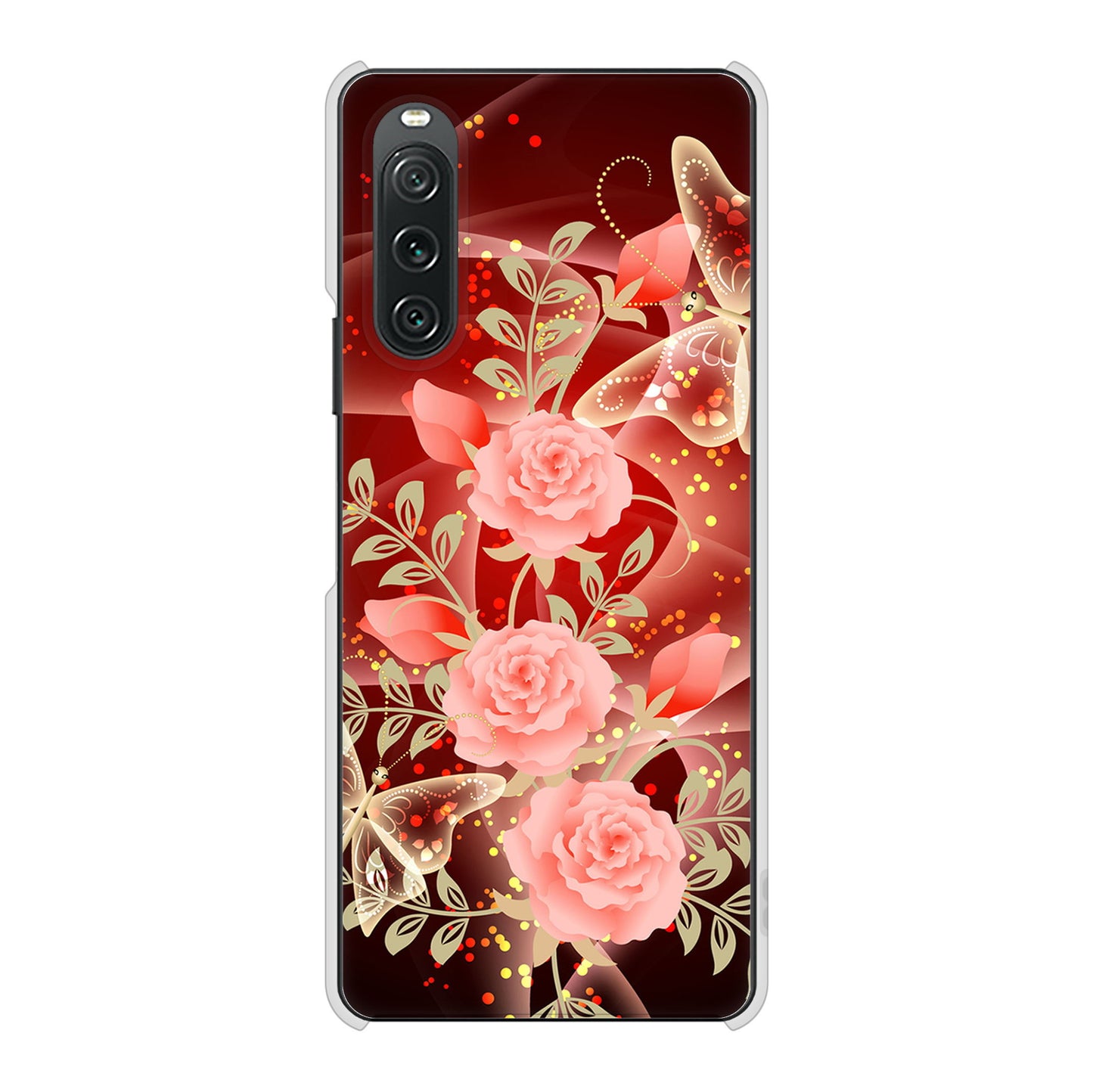 Xperia 10 V SOG11 au 高画質仕上げ 背面印刷 ハードケース 【VA824 魅惑の蝶とピンクのバラ】