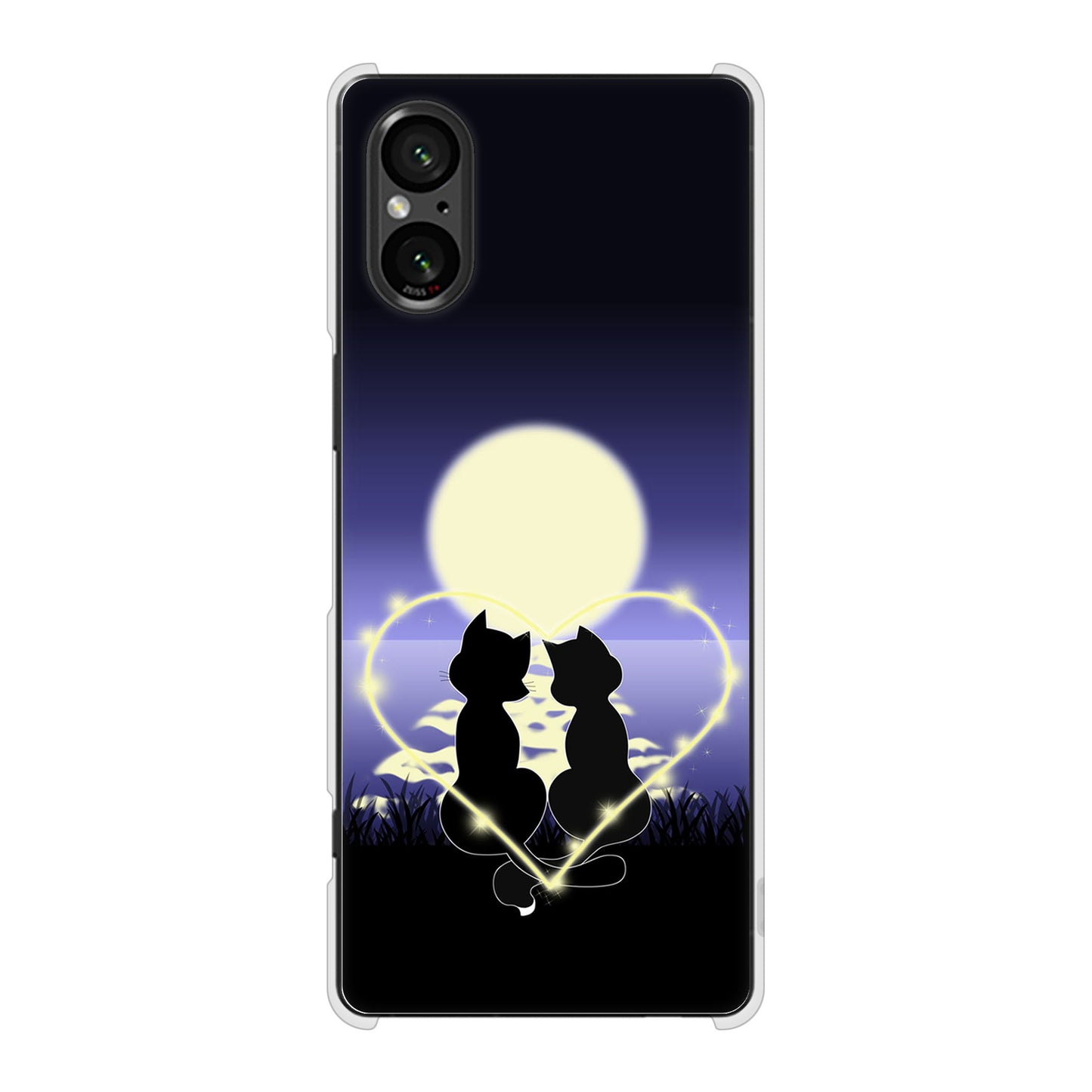 Xperia 5 V SOG12 au 高画質仕上げ 背面印刷 ハードケース夜とネコ