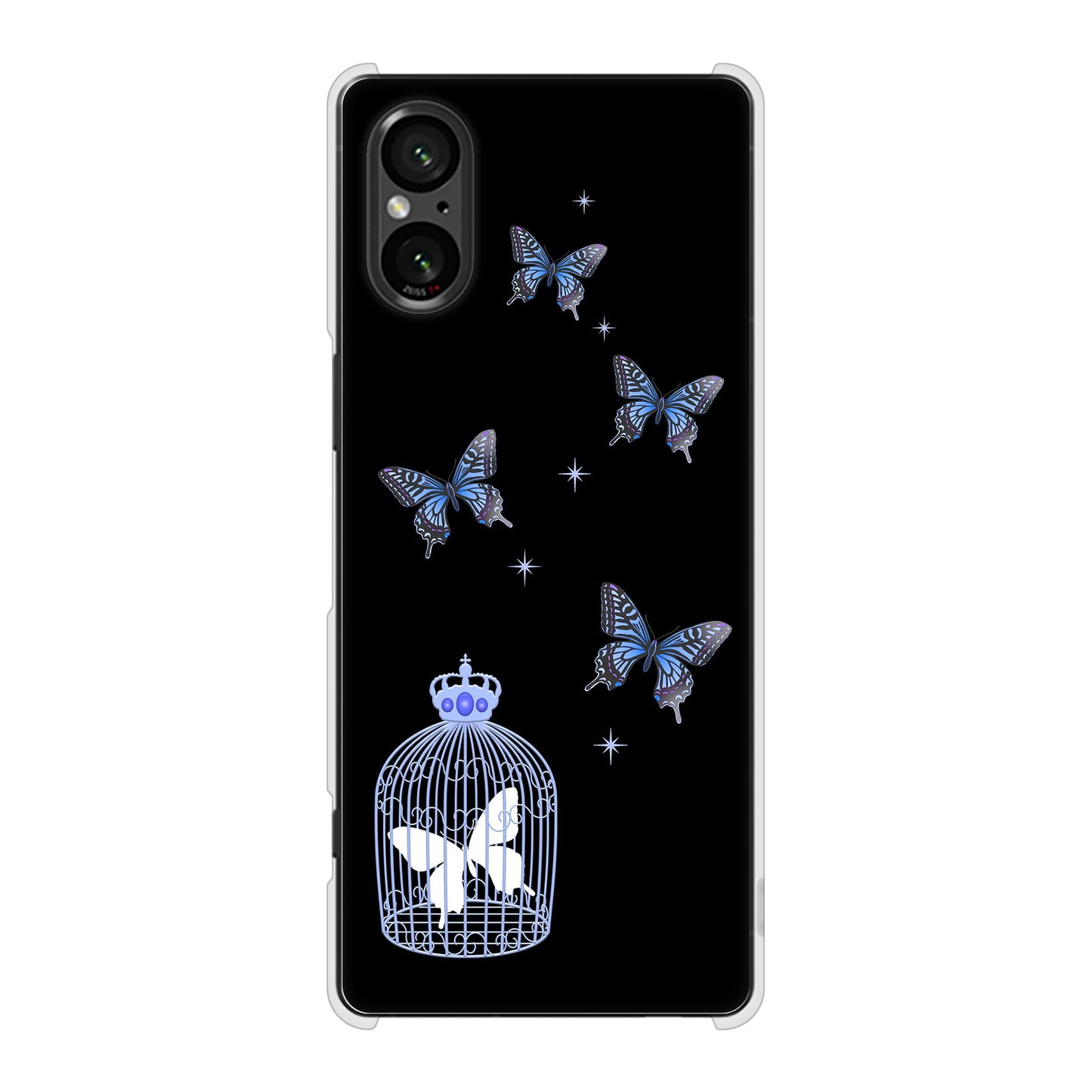 Xperia 5 V SOG12 au 高画質仕上げ 背面印刷 ハードケースむかいあぐる 蝶の王冠鳥かご