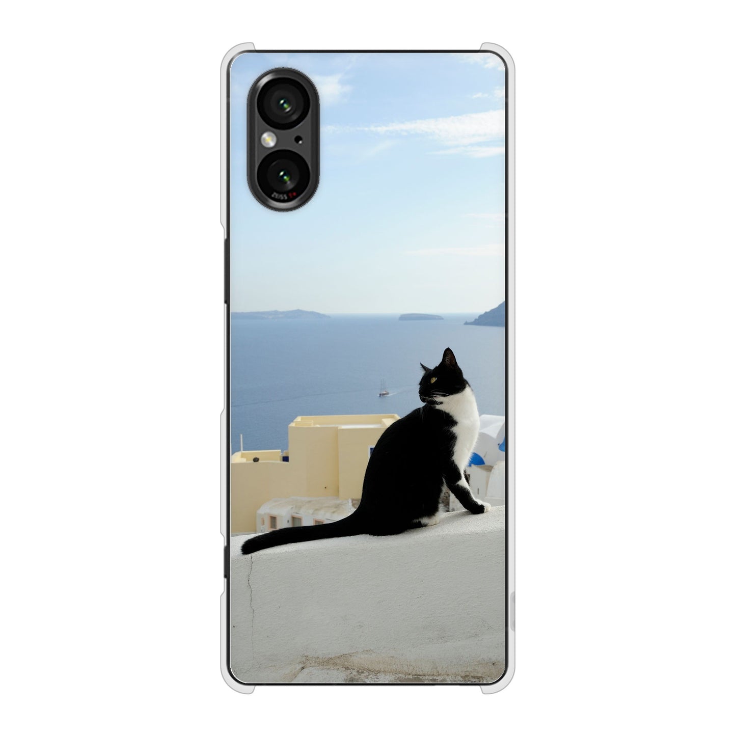 Xperia 5 V SOG12 au 高画質仕上げ 背面印刷 ハードケース 【VA805 ネコと地中海】