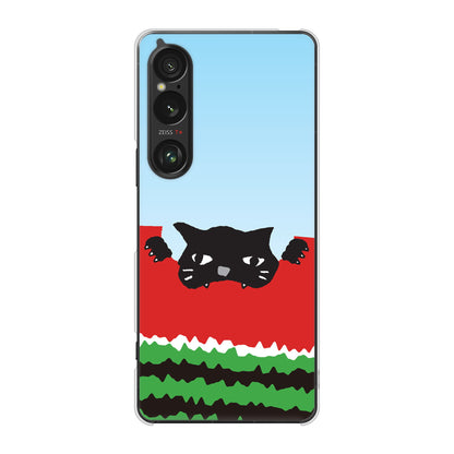 Xperia 1 VI SOG13 au 高画質仕上げ 背面印刷 ハードケースすいかをかじるネコ