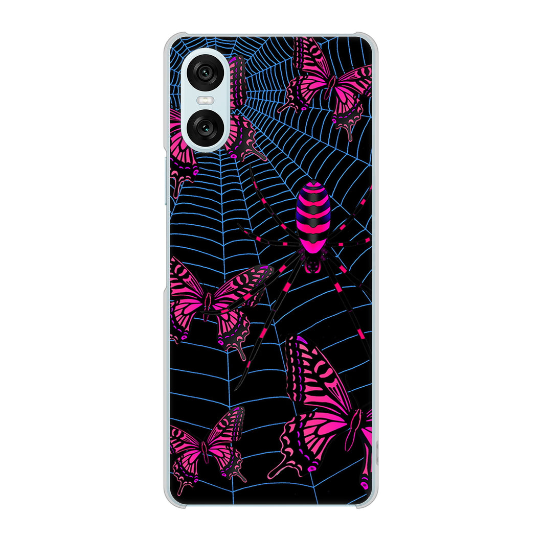Xperia 10 VI SOG14 au 高画質仕上げ 背面印刷 ハードケースむかいあぐる 蜘蛛の巣に舞う蝶
