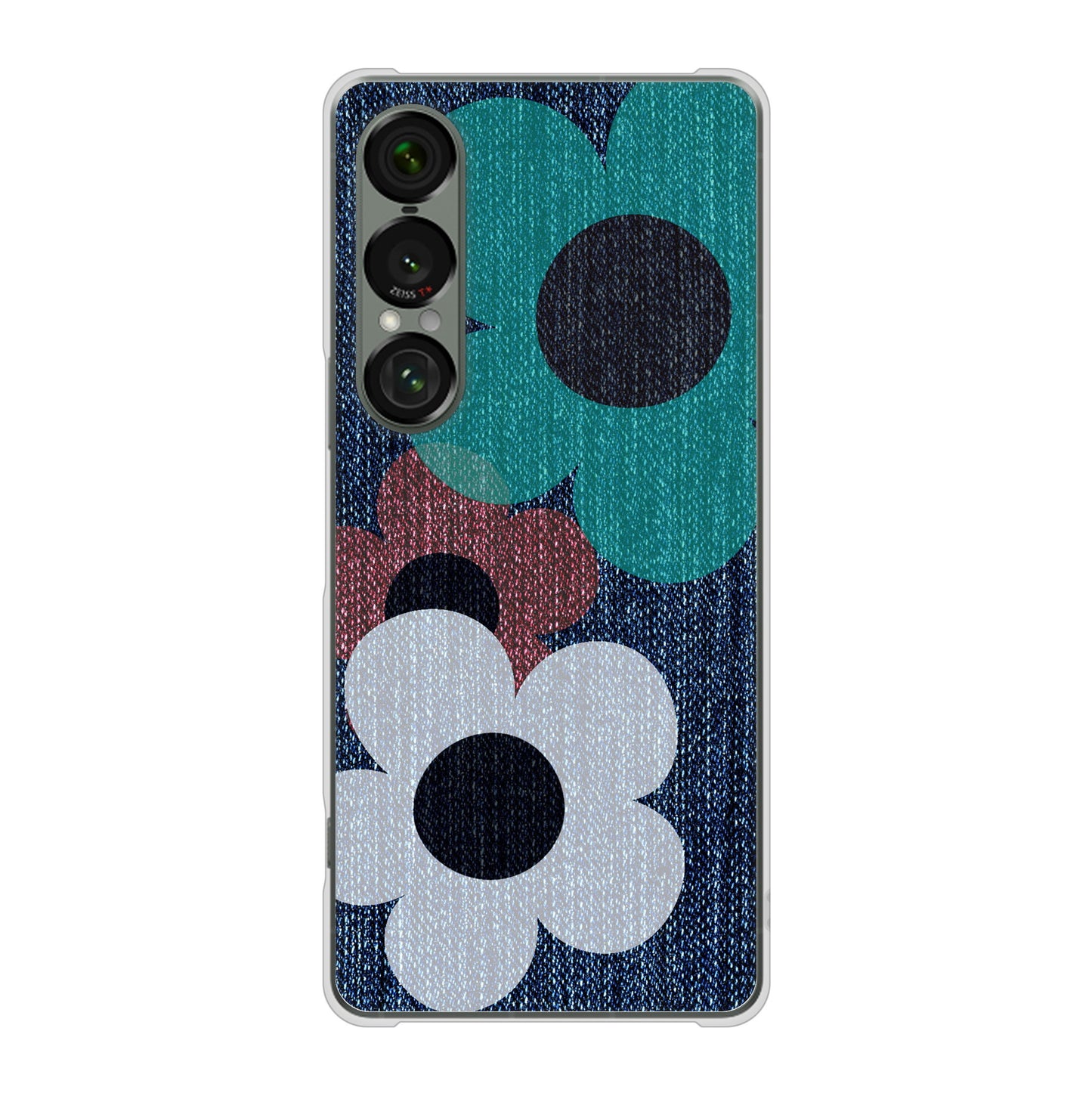 Xperia 1 VII SOG15 au 高画質仕上げ 背面印刷 ハードケース 【EK869 ルーズフラワーinデニム風】