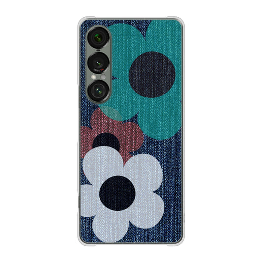 Xperia 1 VII SOG15 au 高画質仕上げ 背面印刷 ハードケース 【EK869 ルーズフラワーinデニム風】