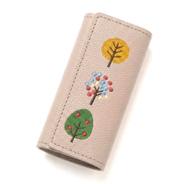 サンポ刺繍 三つ折り キーケース 【 シュリンクレザー 刺繍 】 姫路レザー 本革