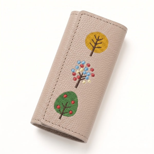 サンポ刺繍 三つ折り キーケース 【 シュリンクレザー 刺繍 】 姫路レザー 本革