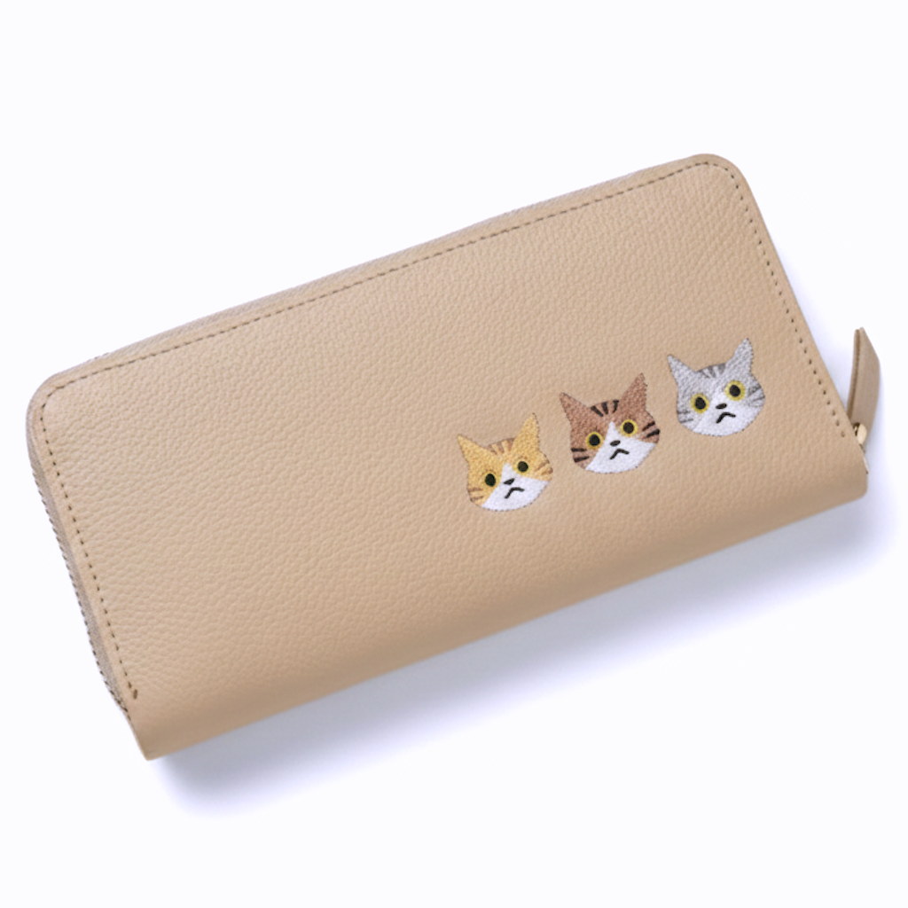 シマエナガとネコ じゃばら式 ロングウォレット 【 シュリンクレザー 刺繍 】長財布 本革 姫路レザー