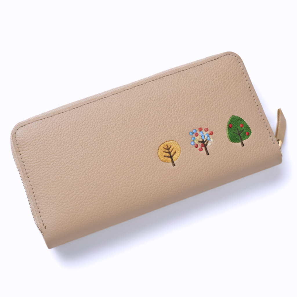 シマエナガとネコ じゃばら式 ロングウォレット 【 シュリンクレザー 刺繍 】長財布 本革 姫路レザー