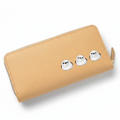 シマエナガとネコ じゃばら式 ロングウォレット 【 シュリンクレザー 刺繍 】長財布 本革 姫路レザー