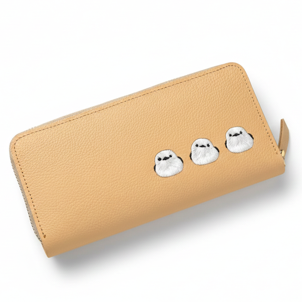 シマエナガとネコ じゃばら式 ロングウォレット 【 シュリンクレザー 刺繍 】長財布 本革 姫路レザー