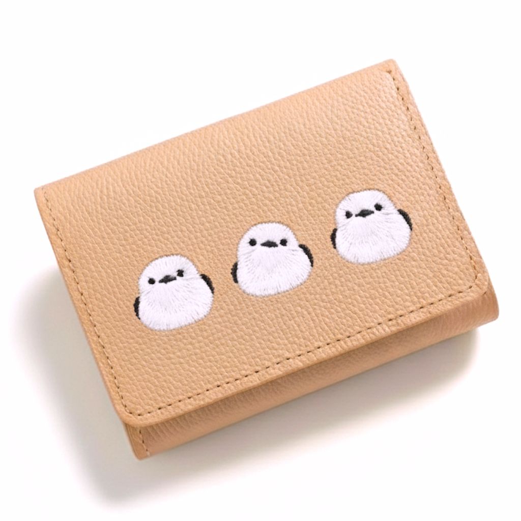 シマエナガとネコ シンプル 三つ折り財布 【 シュリンクレザー 刺繍 】 ミニ財布 ミニウォレット コンパクトウォレット 本革