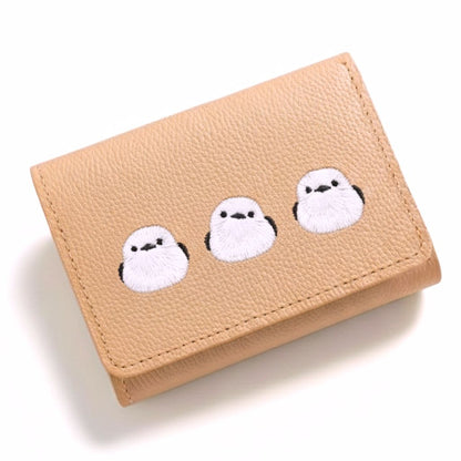 シマエナガとネコ シンプル 三つ折り財布 【 シュリンクレザー 刺繍 】 ミニ財布 ミニウォレット コンパクトウォレット 本革