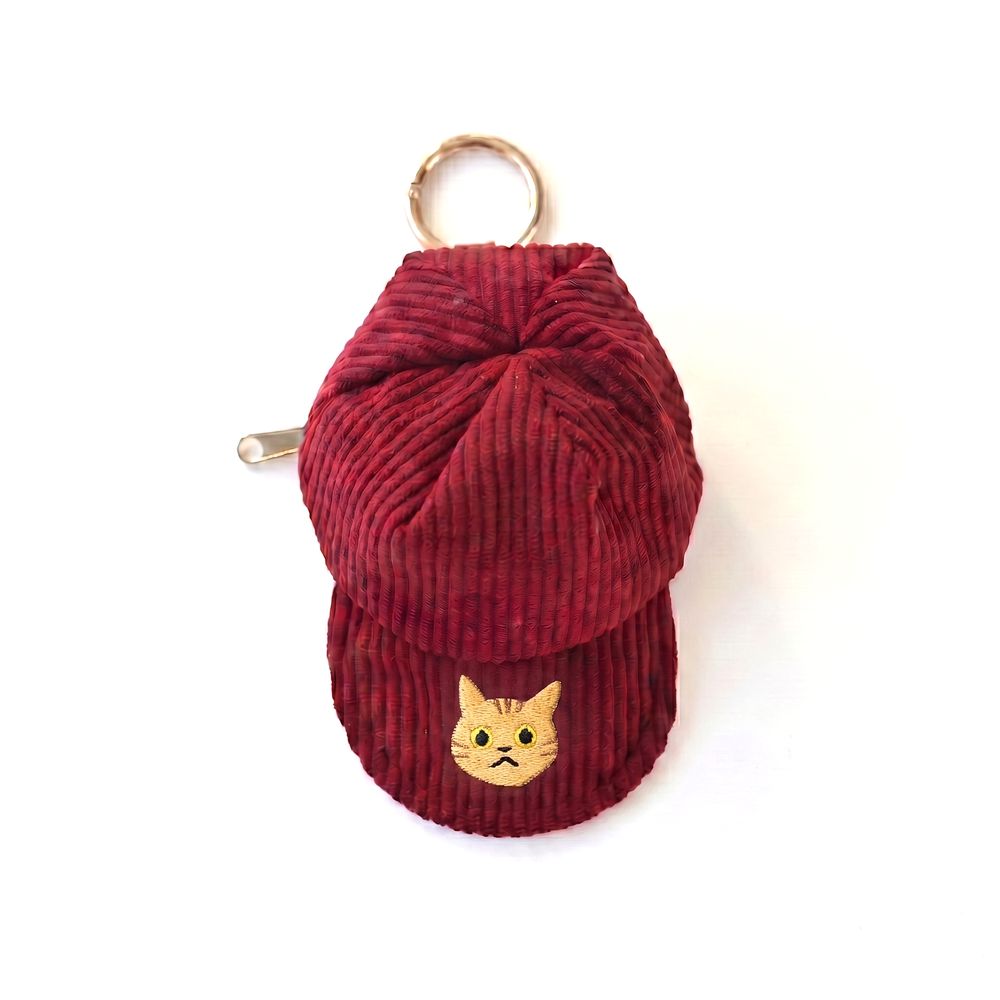 コーデュロイ キャップポーチ 刺繍 猫 小物入れ