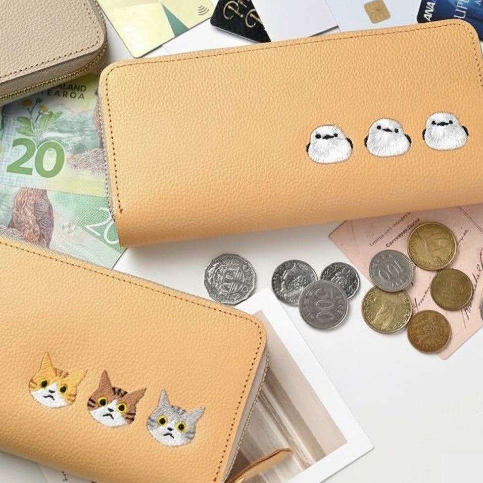 シマエナガとネコ じゃばら式 ロングウォレット 【 シュリンクレザー 刺繍 】長財布 本革 姫路レザー