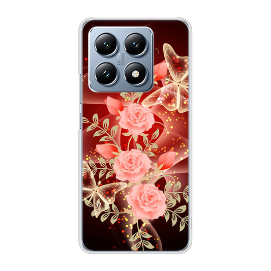 Xiaomi 14T XIG07 au 高画質仕上げ 背面印刷 ハードケース 【VA824 魅惑の蝶とピンクのバラ】