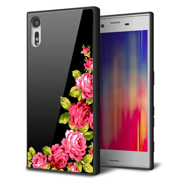 softbank エクスペリアXZ 601SO 強化ガラス＆TPUスマホケース ガラプリ【VA826 バラのフレーム(黒)】