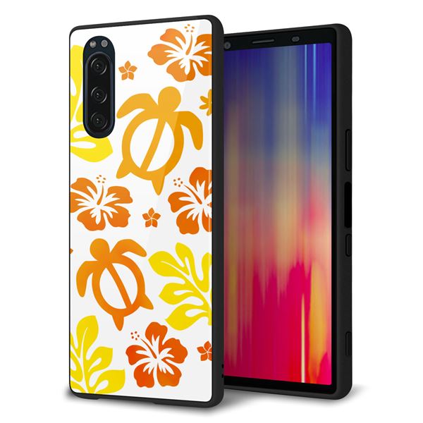 softbank エクスペリア5 901SO 強化ガラス＆TPUスマホケース ガラプリ【SC877 ハワイアンアロハホヌ（イエロー）】