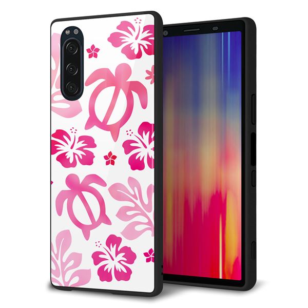 softbank エクスペリア5 901SO 強化ガラス＆TPUスマホケース ガラプリ【SC879 ハワイアンアロハホヌ（ピンク）】