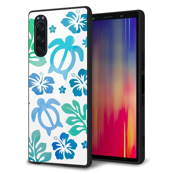 softbank エクスペリア5 901SO 強化ガラス＆TPUスマホケース ガラプリ【SC880 ハワイアンアロハホヌ（ブルー）】