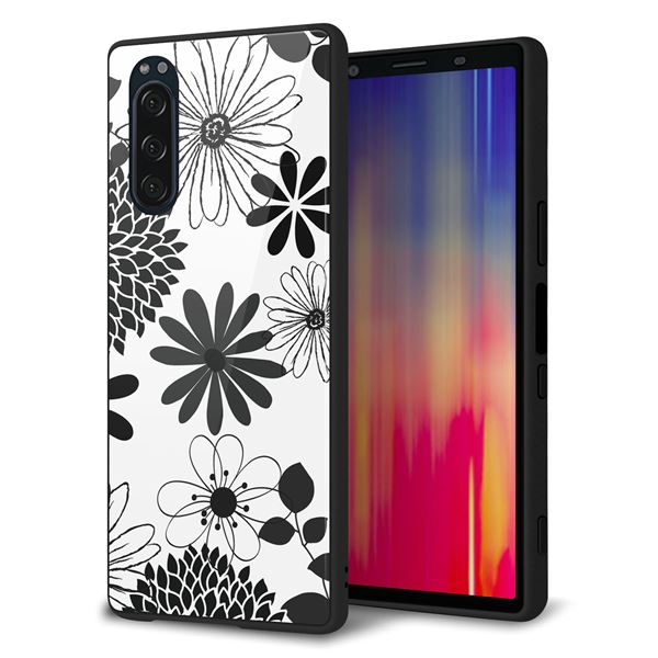 softbank エクスペリア5 901SO 強化ガラス＆TPUスマホケース ガラプリ【SC912 花柄モノトーン 01】