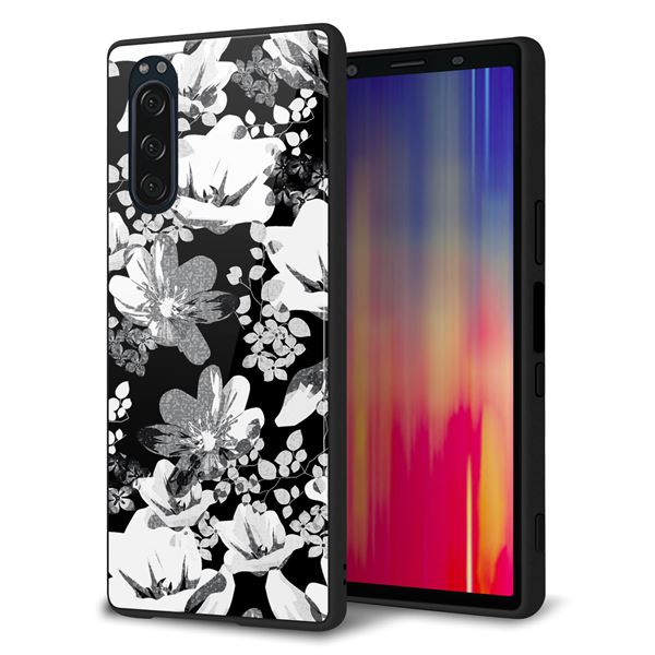 softbank エクスペリア5 901SO 強化ガラス＆TPUスマホケース ガラプリ【SC913 花柄モノトーン 02】