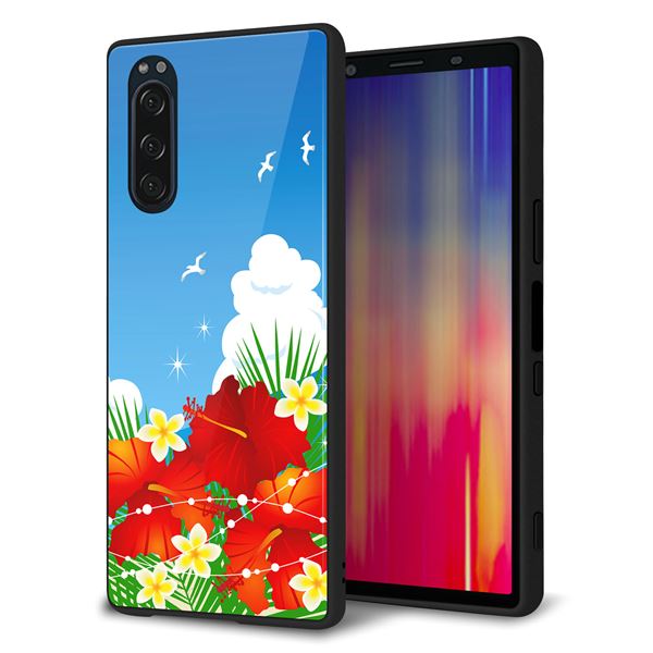 softbank エクスペリア5 901SO 強化ガラス＆TPUスマホケース ガラプリ【VA821 ハイビスカスと青空】