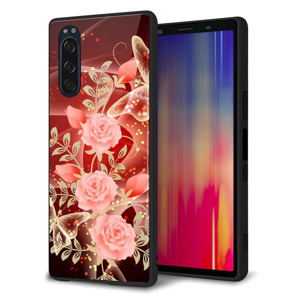 softbank エクスペリア5 901SO 強化ガラス＆TPUスマホケース ガラプリ【VA824 魅惑の蝶とピンクのバラ】