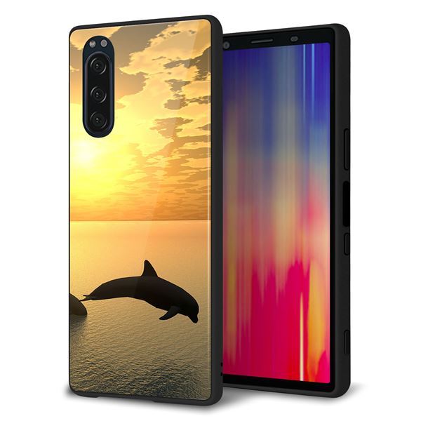 softbank エクスペリア5 901SO 強化ガラス＆TPUスマホケース ガラプリ【VA845 夕暮れのドルフィン】