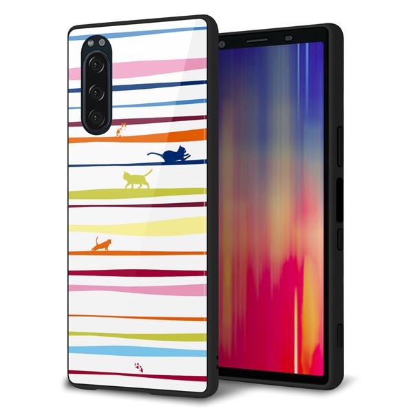 softbank エクスペリア5 901SO 強化ガラス＆TPUスマホケース ガラプリ【YA893 ストライプネコ02 L】