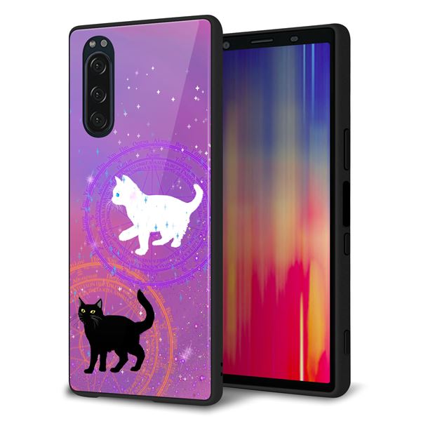 softbank エクスペリア5 901SO 強化ガラス＆TPUスマホケース ガラプリ【YJ328 魔法陣猫 キラキラ　かわいい　ピンク】