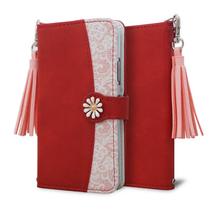 AQUOS sense4 SH-M15 スマホケース 手帳型 フリンジ風 ストラップ付 フラワーデコ