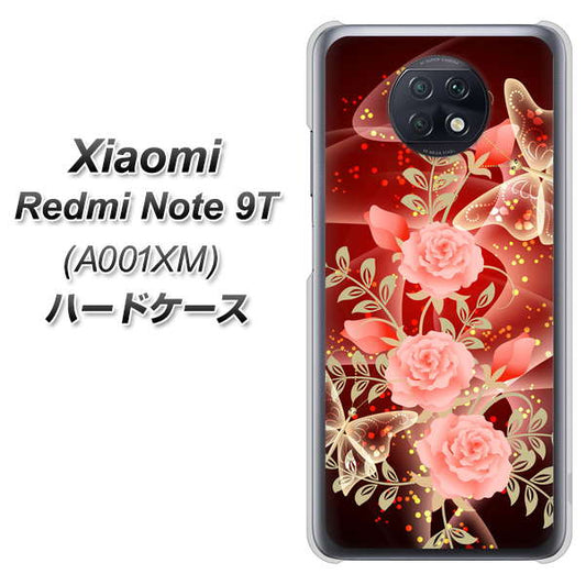 SoftBank Xiaomi（シャオミ）Redmi Note 9T A001XM 高画質仕上げ 背面印刷 ハードケース【VA824 魅惑の蝶とピンクのバラ】