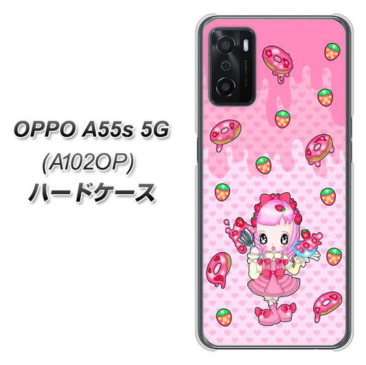 OPPO A55s 5G A102OP SoftBank 高画質仕上げ 背面印刷 ハードケース【AG816 ストロベリードーナツ（水玉ピンク）】