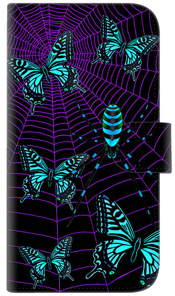 iPhone6 PLUS 高画質仕上げ プリント手帳型ケース(通常型)【AG830 蜘蛛の巣に舞う蝶（青）】