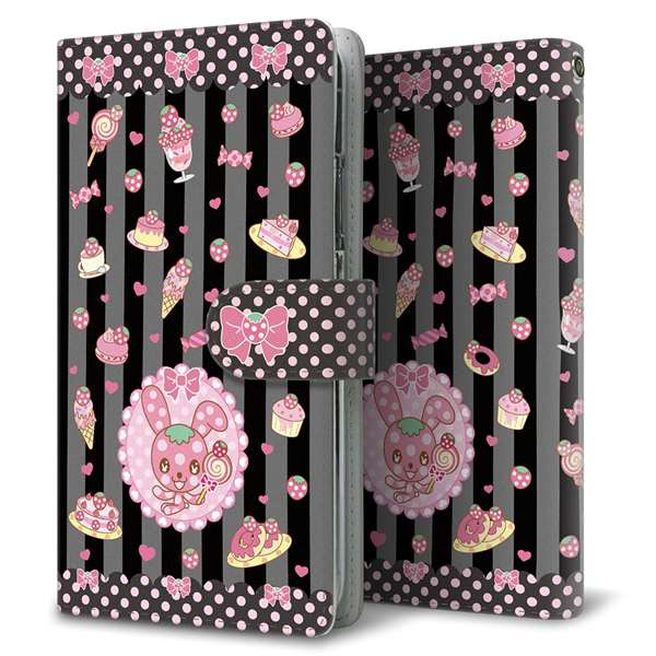 SoftBank アクオス Xx3 506SH 高画質仕上げ プリント手帳型ケース(通常型)【AG864 イチゴウサギ（ラビベリー）の水玉スイーツ ブラック】