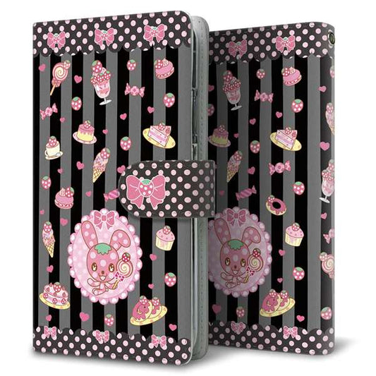 SoftBank アクオス Xx3 506SH 高画質仕上げ プリント手帳型ケース(通常型)【AG864 イチゴウサギ（ラビベリー）の水玉スイーツ ブラック】