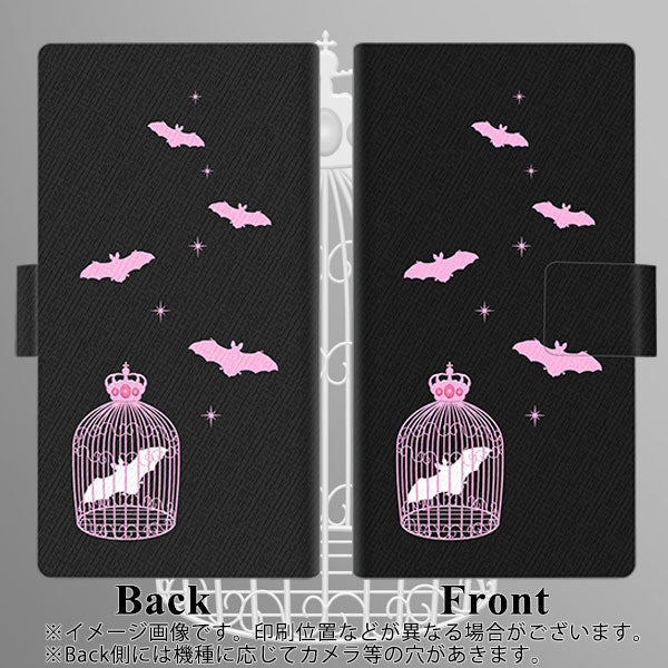 楽天モバイル Rakuten BIGs 画質仕上げ プリント手帳型ケース(薄型スリム)【AG809 こうもりの王冠鳥かご（黒×ピンク）】