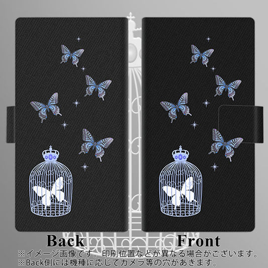Google Pixel 4a 高画質仕上げ プリント手帳型ケース(薄型スリム)【AG812 蝶の王冠鳥かご（黒×青）】