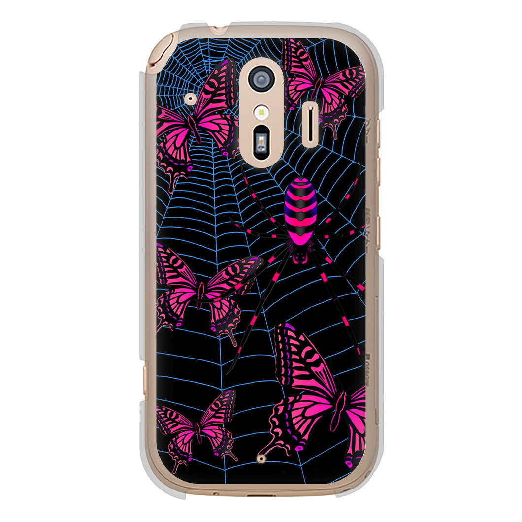らくらくスマートフォン F-42A docomo 高画質仕上げ 背面印刷 ハードケース むかいあぐる 蜘蛛の巣に舞う蝶