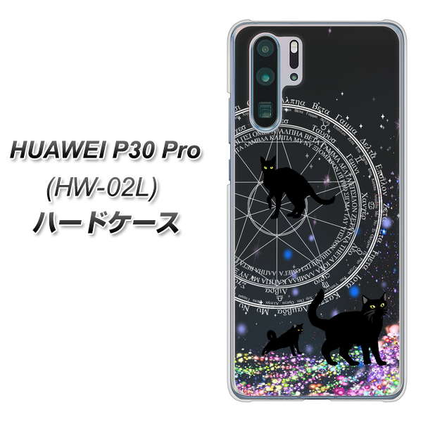 docomo HUAWEI（ファーウェイ） P30 Pro HW-02L 高画質仕上げ 背面印刷 ハードケース【YJ330 魔法陣猫　キラキラ 黒猫】