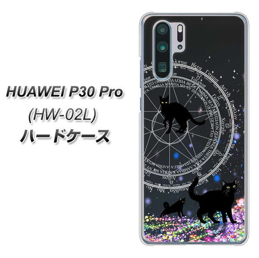 docomo HUAWEI（ファーウェイ） P30 Pro HW-02L 高画質仕上げ 背面印刷 ハードケース【YJ330 魔法陣猫　キラキラ 黒猫】